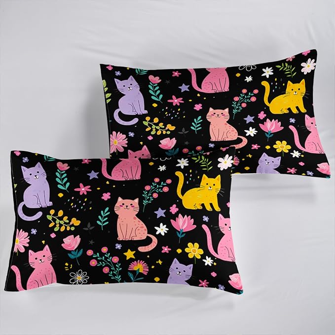 QOOMO Floral Cat Comforter Twin Size,Black Cats Bedding Set for Kids Teens Girls,3Pcs Bedding Set Printed Comforter with 2 Pillowcases,Down Alternative,Soft and Lightweight(Black，Twin Size) - Image 6