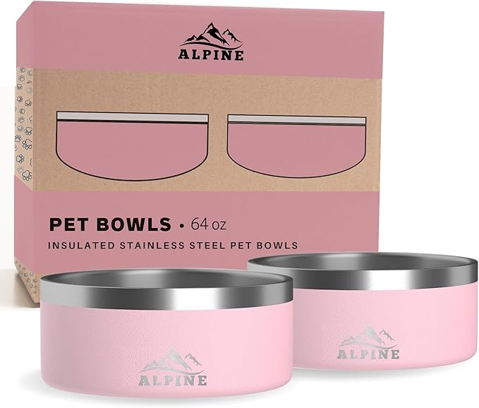 ALPINE Set of 2 Stainless Steel Dog Bowls, Non Slip, Metal Pet Bowl for Food and Water, Double Walled Insulated, Rustproof, Dishwasher Safe (64 oz, Pink) by Unknown