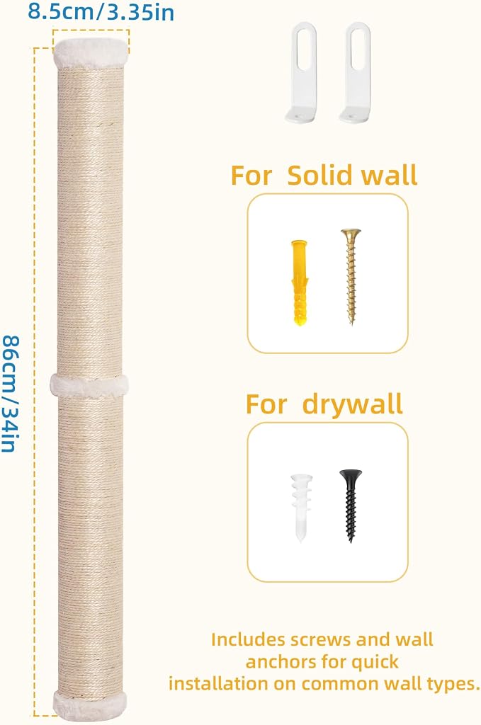 Aechonow 34" Cat Scratching Post, Sisal Wall Mounted Cat Scratcher for Cats | Cat Wall Climber, Cat Wall Scratcher, Cat Wall Furniture for Indoor Cats, Natural Sisal, Tall & Sturdy, Rabbit Velvet - Image 7