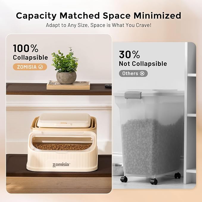 ZOMISIA 30-40lbs First-in, First-out Collapsible Dog Food Storage Container | FIFO System Easy Dispense Base for Freshness, Cat Food Storage Containers with Transparent Lid and Scoop - Image 8