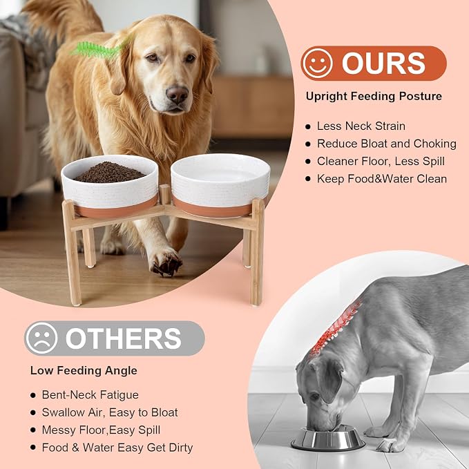 SPUNKYJUNKY Elevated Dog Bowls Ceramic, 8.3'' Dogs Food Water Bowls Raised with Non-Slip Bamboo Stand for Large Sized Breed Microwave Dishwasher Safe - 60 OZ,Pattern White - Image 3