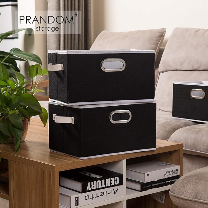 PRANDOM Fodable Storage Baskets for Closet [5-pack] Decorative Fabric Storage Bins Cubes with Leather/Metal Handles for Shelves Bedroom Living Room Black (11.5x8.5x6.7 Inch) - Image 2