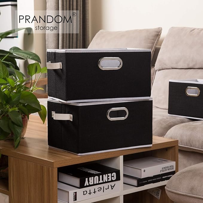 PRANDOM Fodable Storage Bins for Closet [3-pack] Decorative Fabric Storage Baskets Cubes with Leather/Metal Handles for Shelves Bedroom Living Room Black (11.5x8.5x6.7 Inch) - Image 2