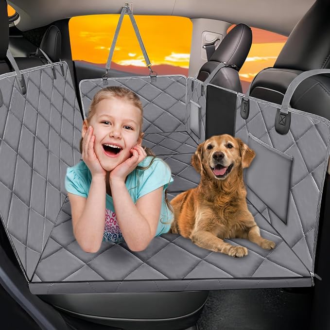 Back Seat Extender for Dogs-Large Space, Dog Car Seat Cover Hard Bottom Holds 420lb, Sturdy Backseat Extender for Dogs, Upgraded Waterproof Pet Car Bed Dog Hammock for Car, SUV, Truck, Grey by ROUWINNE