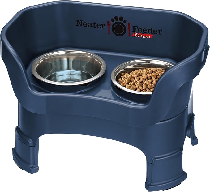 Neater Feeder Deluxe Mess-Proof Elevated Dog Bowls for Medium Dogs (19–40 lbs), 2 Height Adjustable (10” & 12.5”) No-Spill Raised Dog Bowl Stand, Stainless Steel Food Bowl Set, Made in USA, Dark Blue by NeaterPetBrands