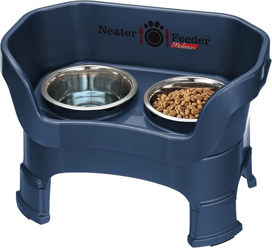Neater Feeder Deluxe Mess-Proof Elevated Dog Bowls for Medium Dogs (19–40 lbs), 2 Height Adjustable (10” & 12.5”) No-Spill Raised Dog Bowl Stand, Stainless Steel Food Bowl Set, Made in USA, Dark Blue by NeaterPetBrands