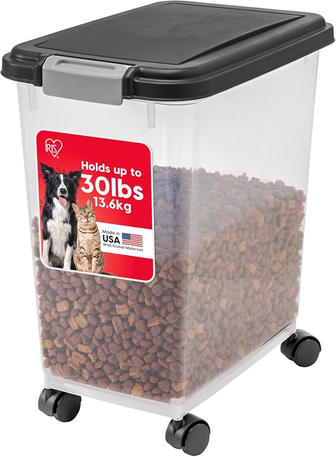 IRIS USA Dog Food Storage Container, Airtight, 30 lb Capacity, Wheels | Airtight seal keeps kibble, bird seed, and pet food fresh while wheels provide easy mobility around the home. by IRISUSA