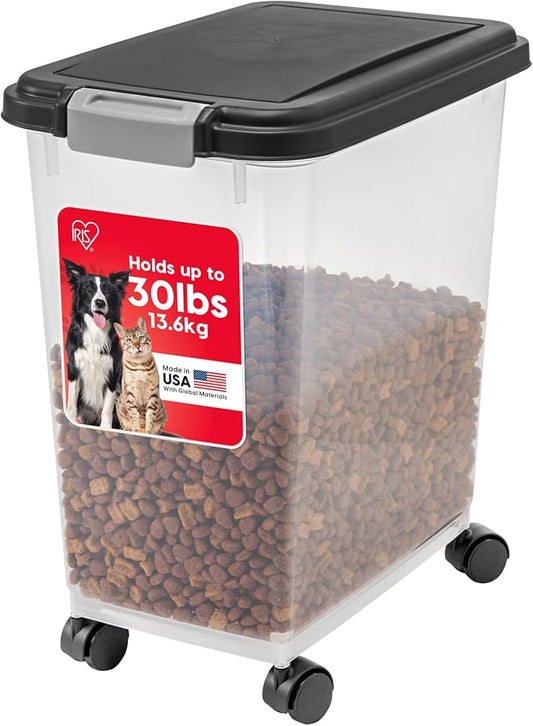 IRIS USA Dog Food Storage Container, Airtight, 30 lb Capacity, Wheels | Airtight seal keeps kibble, bird seed, and pet food fresh while wheels provide easy mobility around the home. by IRISUSA