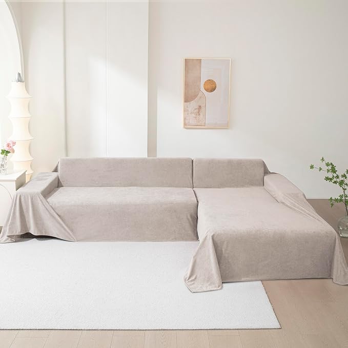MEETSKY Sectional Couch Cover Washable, Oversized Sofa Cover for 3 Cushion Couch Sofa, Cat Scratch Proof Furniture Protector Covers Soft L Shape Sofa Covers for Dogs, 91" x 150", Oat - Image 7