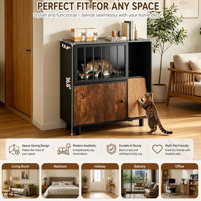 Dog Proof Cat Feeding Station with Storage Cabinet& 2 Stainless Steel Bowls, Elevated Cat Food Station with Scratching Board, Modern Wooden Cat House Furniture for Indoor Cats, Large Pet Cabinet - Image 7