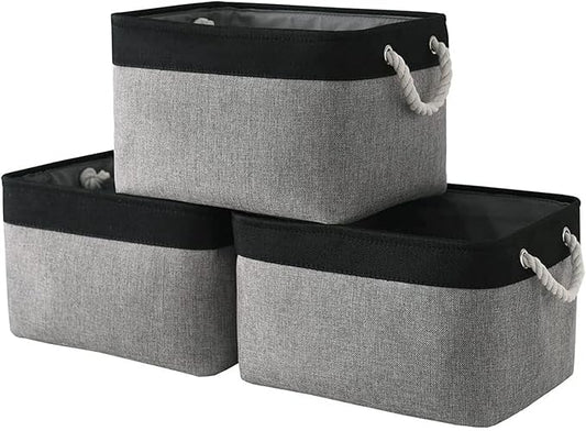 Organization and Storage Bins for Shelves - 16x12x8 inch Large 3 Pack Fabric Storage Cubes Collapsible Baskets for Shelves with Rope, Storage Basket for Organizing Cloth Laundry (Black & Grey) by Sacyic