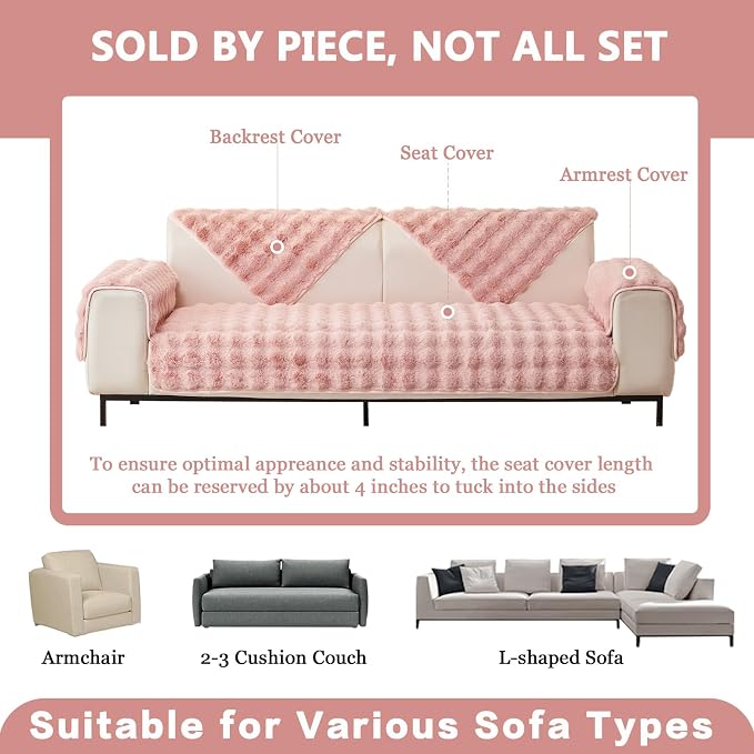 DREAMINGO Faux Fur Couch Backrest Cover, Soft Plush Sofa Covers for Pet Washable, Non Slip Furniture Protector for 2-3 Cushion Couch Sofa, 35.4x35.4 Inch, Pink - Image 3