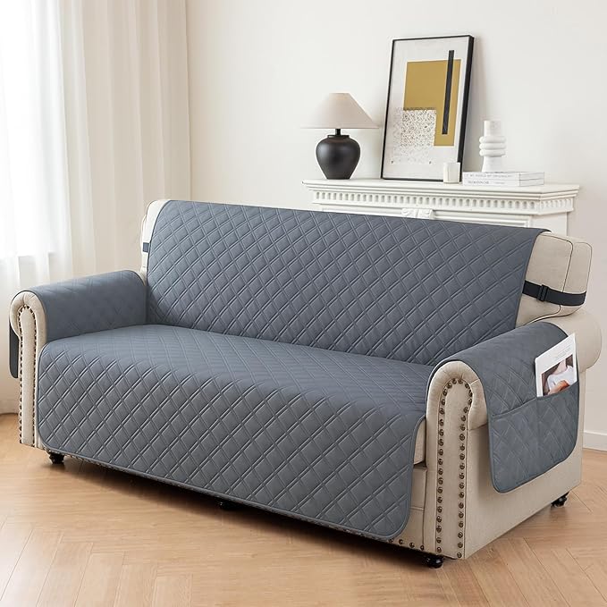 Waterproof Loveseat Covers for 2 Cushion Couch, Sofa Covers for Pets Washable with Side Pockets, Non Slip Couch Covers for Dogs, Dog Couch Cover with Elastic Straps (Loveseat, Dark Grey) - Image 2