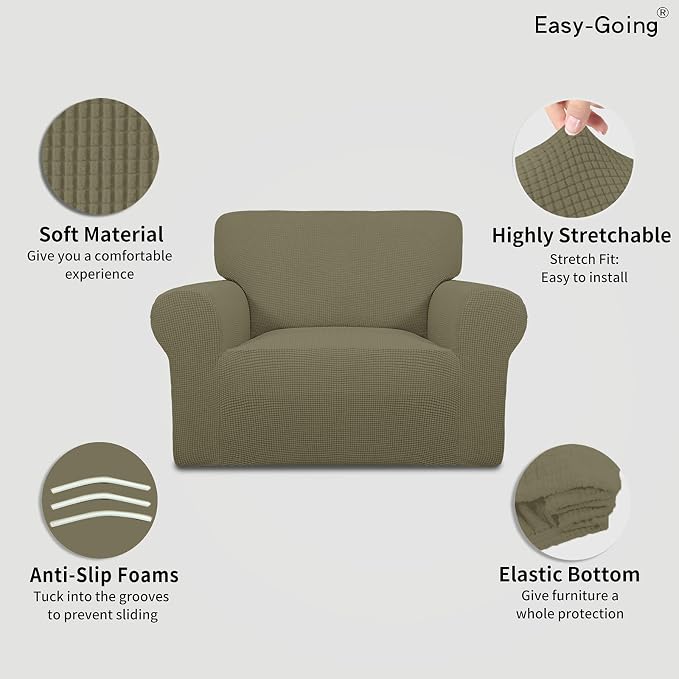 Easy-Going Stretch Oversized Chair Sofa Slipcover 1-Piece Couch Sofa Cover Furniture Protector Soft with Elastic Bottom for Kids Spandex Jacquard Fabric Small Checks Khaki | 1-Piece Large chair covers armchair Furniture Protector for Living Room chair ... - Image 3