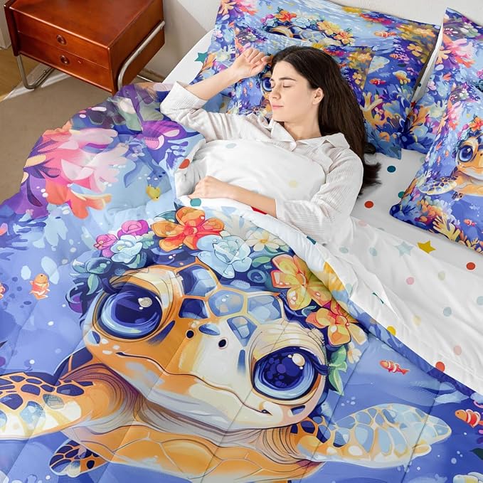 Erosebridal Cute Sea Turtle 7-Piece Bedding Set King Size for Kids, Marine Life Comforter Set with Sheets, Sea Animal Bed in A Bag, Watercolour Coral and Flowers Bedding Comforter Sets - Image 7