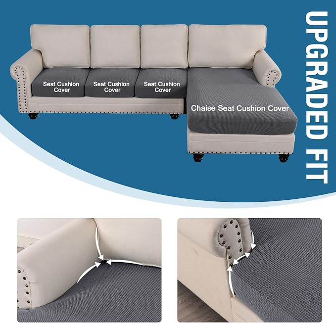H.VERSAILTEX Sectional Couch Covers 4 Pieces Sofa Seat Cushion Covers L Shape Separate Cushion Couch Chaise Cover for Both Left/Right Sectional Couch (Seat Only: 1 Chaise + 3 Sofa, Grey) - Image 4