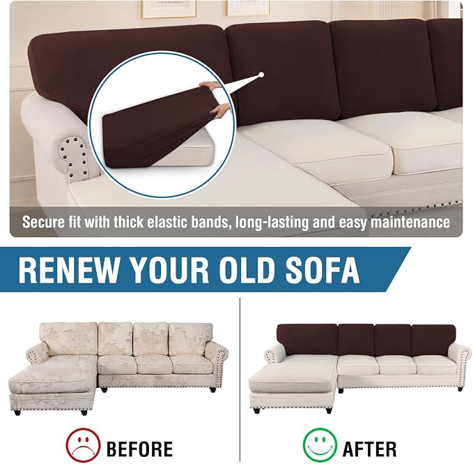 H.VERSAILTEX Backrest Cushion Covers Sectional Couch Back Cushion Covers for Sectional Sofa Set for Both Left/Right Couch (Back Only: 1 Chaise + 3 Sofa, Chocolate) - Image 5