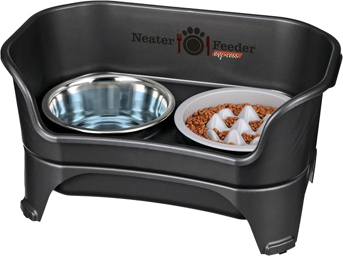 Neater Feeder Express Mess Proof Dog Bowls Elevated for Medium and Large Breed – Made in USA – No Spill Raised Slow Feeder Elevated Dog Bowl Stand, Slow Feed Food and Water Bowl Set, Black by NeaterPets