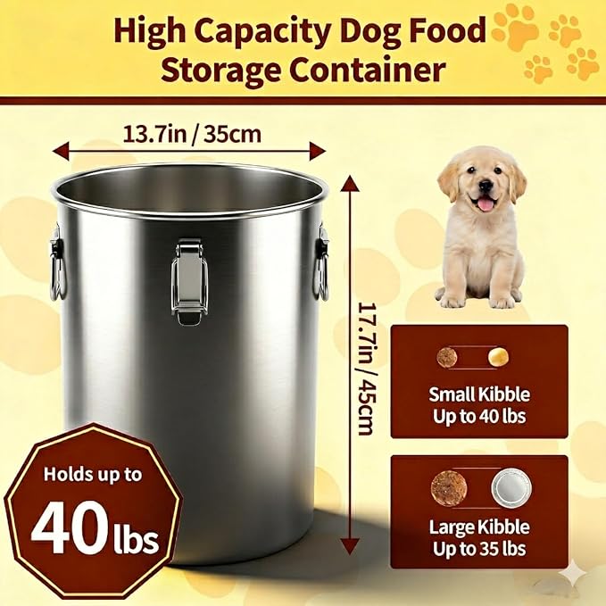304 Stainless Steel Dog Food Storage Container, 35LB/40LB Airtight Pet Food Container with Locking Lid & Silicone Seal, Large Metal Food Storage Bin for Dry Dog/Cat Food, Rice, Flour (35 LBS) - Image 2