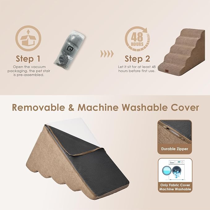 EHEYCIGA Curved Dog Stairs Ramp for High Beds, 5-Step Extra Wide Dog Steps for Small Dogs and Cats, Pet Stairs for High Bed Climbing, Non-Slip Balanced Pet Step Indoor, Camel - Image 7