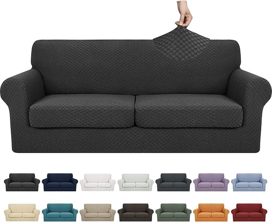 YEMYHOM Latest Checkered 3 Pieces Couch Covers for 2 Cushion Couch High Stretch Sofa Cover with 2 Extra Large Seat Cushion Covers Anti Slip Elastic Slipcovers (Black), 71"-91"(2 Cushions) by YEMYHOM