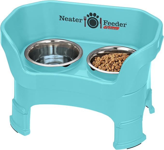 Neater Feeder Deluxe Mess-Proof Elevated Dog Bowls for Medium Dogs (19–40 lbs), 2 Height Adjustable (10” & 12.5”) No-Spill Raised Dog Bowl Stand, Stainless Steel Food Bowl Set, Made in USA, Aquamarine by NeaterPetBrands