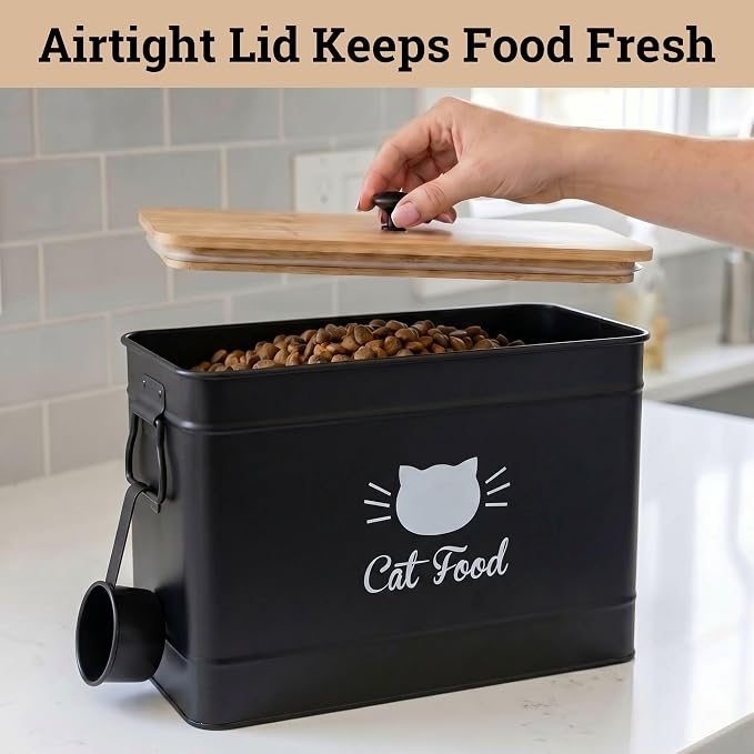 Metal Cat Food Container with Scoop, 15lb (50 Cup) w/ Airtight Bamboo Lid | 15 lb / 50 Cup Capacity, 1 Cup Metal Scoop, Durable Powder Coated Iron Body, Rubber Lined Bamboo Lid, Sturdy Metal Handles - Image 4