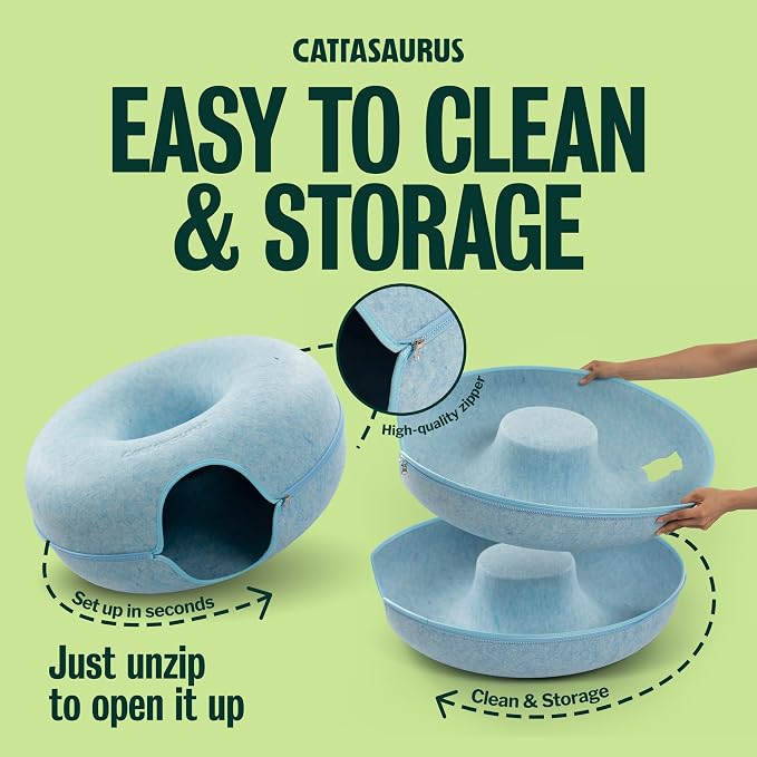 Cattasaurus Peekaboo Cat Cave Donut for Multiple & Large Cats up to 30-45 lbs, 3-in-1 Self Warming Cat Bed, Tunnel & Scratcher for Indoor Cats, Washable & Detachable Small Dog Bed (Blue, Jumbo) - Image 7