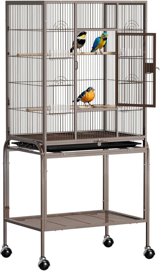 VINGLI 53-inch Bird Cage with Wheels, Durable Wrought Iron Parakeet Cage with Slide Out Tray, Black Bird Cages for Parakeets/Lovebird/Cockatiels/Budgies and Other Small/Medium Birds (Brown, 53 inch) by VINGLI