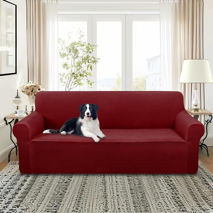 U-NICE HOME Velvet Sofa Covers Stretch Couch Covers for 3 Cushion Couch Furniture Protector Sofa Slipcover (Large, Burgundy) - Image 2