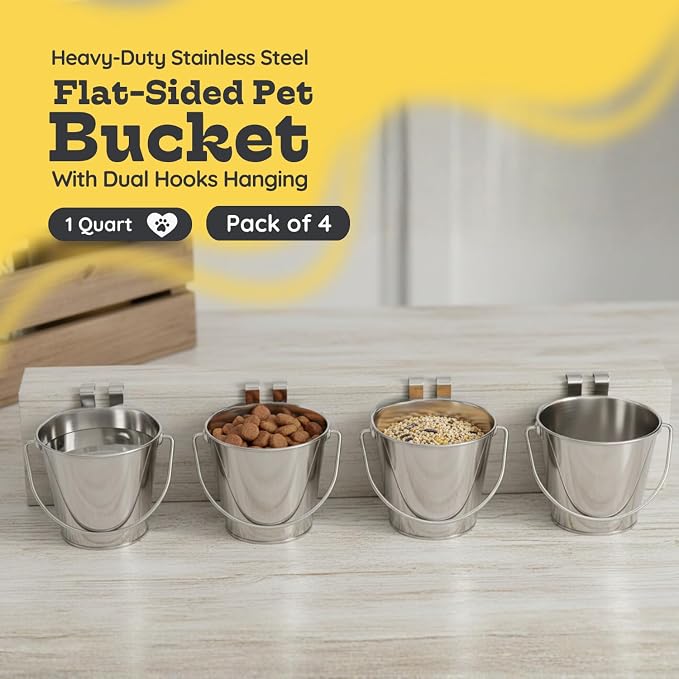 1 Quart Stainless Steel Flat Sided Bucket with Dual Hooks | 4 Pcs Durable Food & Water Bowl for Dog Cat Bird & Small Animals | Fits kennel Cage Crates Farm Hanging Pet Pail | Multipurpose - Image 2