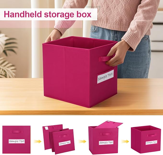 13x13 storage cube bins (Set of 10) Foldable Fabric storage cubes with 10 Labels Window Cards & a Pen,13 inch cube storage bins,Closet Organizers for Shelves,Cubby Organizer Boxes,Dark pink - Image 4