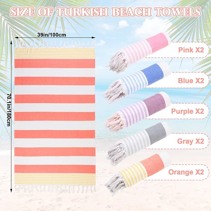 Macarrie 10 Pieces Turkish Beach Towels 39 x 71 Inch Large Pool Towels Quick Dry Sand Free Absorbent Cotton Travel Washrag for Bath Hotel Beach (Cute Color) - Image 3
