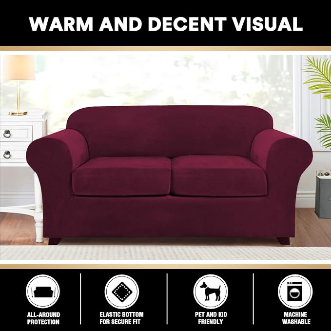 PrinceDeco Velvet Couch Cover Loveseat Covers for 2 Cushion Couch 3 Piece Sofa Covers for Dogs Washable Loveseat Covers Width Up to 72 Inch No Slip Stretch Sofa Slipcover(Medium, Burgundy) - Image 6