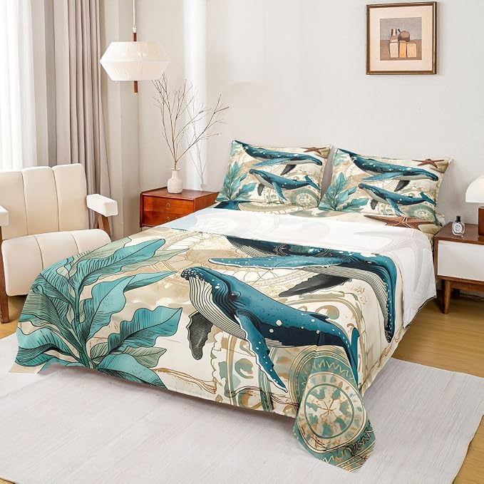 Erosebridal Ocean Whale Sheet Set Kids Boys Girls Nautical Bedding Children Coastal Sea Animal Bed Sheet Set,Soft Home Cozy Microfiber Bed Set-4pcs (1 Fitted +1 Flat+2 Pillowcases),Full,Teal Brown - Image 7