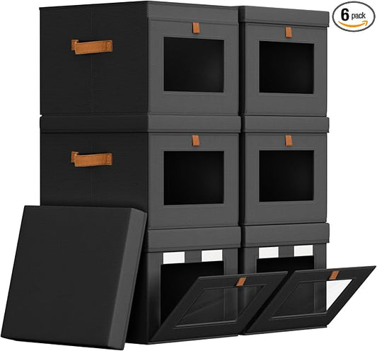 Homsorout Storage Bins with Lid – Closet Organizer with Side Opening and Clear Window, Foldable Stackable Fabric Basket for Clothes, Home, Office - 13.77" x 11.8" x 9.8", 6 Pack, Black by Homsorout