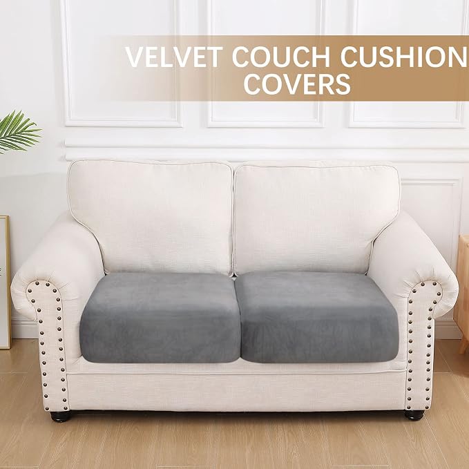 hyha Velvet Couch Cushion Covers, Soft Sofa Seat Covers for sectional 2 Cushion Couch Washable, Magic Sofa Slipcover with Elastic Bottom, Non-Slip Furniture Protector for Pets, Kid(2PC, Grey) | Soft Plush Sofa Slipcover, Elastic Bottom, Non-Slip Wear R... - Image 5