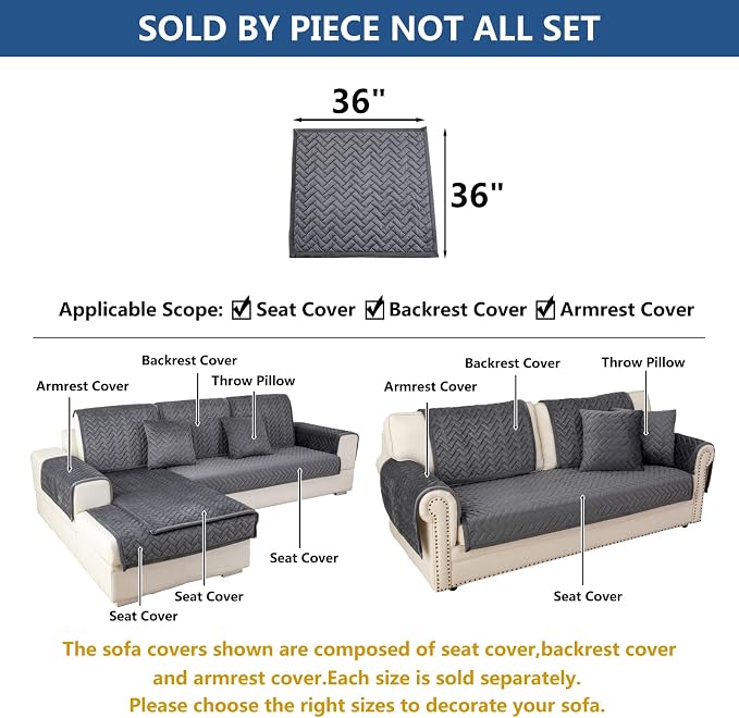 Eismodra Couch Cover,Sectional Couch Covers,Sofa Covers for 3 Cushion Couch,Anti-Slip Sofa Slipcovers for Dogs Cats Kids Loveseat Recliner L Shaped Armrest Backrest,Dark Gray 36''x36''(Only 1 Piece) - Image 5