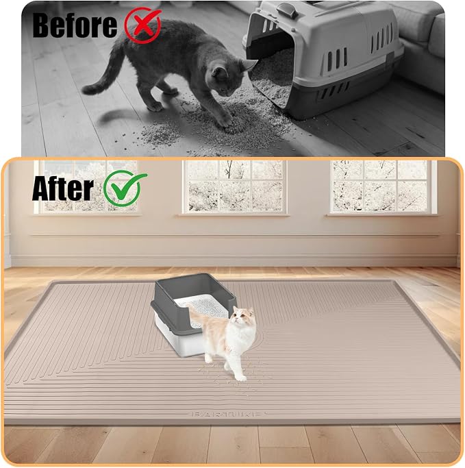 Silicone Cat Litter Mat 50" x 36" Cat Mat for Litter Box, Khaki | Extra Large Cat Litter Trapping Mat for Floor, Waterproof, Non-Slip Kitty Litter Box Mat with Raised Edge, Easy to Clean - Image 5