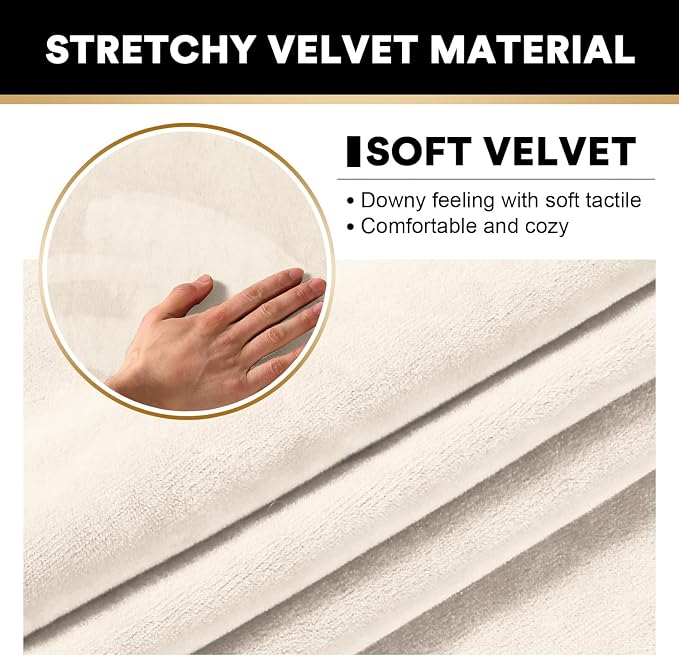 PrinceDeco Velvet Couch Covers for Sofa Soft 4 Pieces Couch Covers for 3 Cushion Couch Sofa Pet Friendly Furniture Protector with Non Slip Elastic Bottom Width Up to 97 Inch (Large Sofas, Ivory) - Image 3