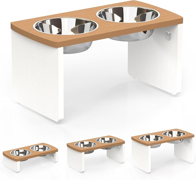 Elevated Dog Bowls, Waterproof Raised Dog Bowl for Medium & Large Dogs, HIPS Poly Lumber Stand with 2 Stainless Steel Bowls, Indoor & Outdoor Use (10'' Tall–48 oz Bowl, Teak-White) by JoyoPawFamily