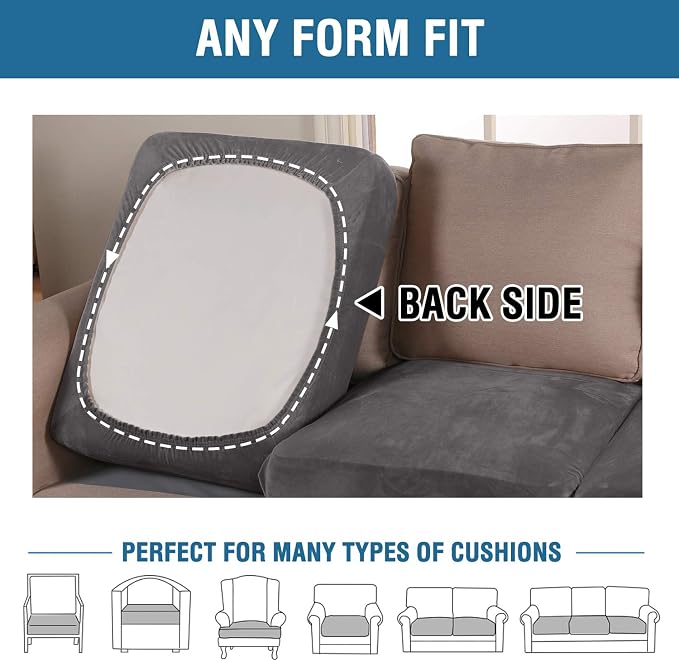 H.VERSAILTEX Velvet Stretch Couch Cushion Cover Plush Cushion Slipcover for Chair Loveseat Sofa Cushion Furniture Protector Seat Cushion Sofa Cover (3 Piece Sofa Cushion Covers, Grey) - Image 7