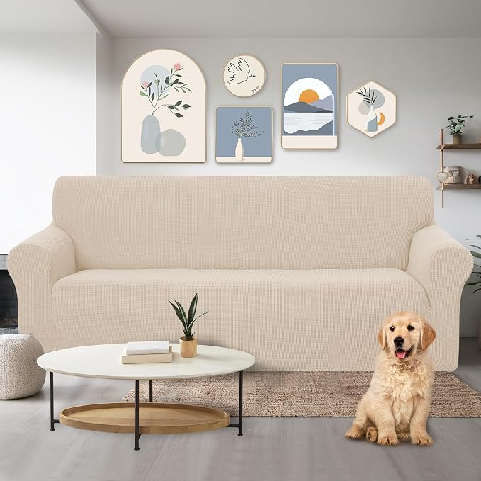 U-NICE HOME Stretch Couch Cover Slipcover for 3 Cushion Sofa, Beige | Furniture protector, 1-Piece Sofa cover, Washable, Pet friendly, Polyester Spandex Jacquard fabric - Image 2