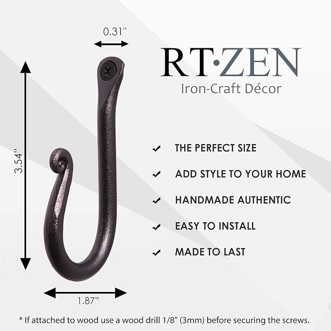 RTZEN Wall Mount Hook Set - Wrought Iron Decorative Rustic Metal Coat Hooks for Hanging - Handcrafted Classic Farmhouse Wall Mounted Black Hooks for Towel Robe or Hat Hanging - 3 Pack - Image 8