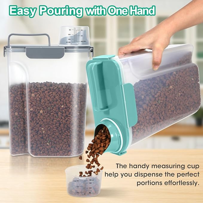 TBMax Pet Dog Cat Food Storage Containers 2 Pack 10 to 14 Lbs, Airtight Cat Food Dispenser with Large Spout & Portable Handle, Travel Dog Treat Storage Bin Bird Seed Container-Cyan+Dark - Image 2