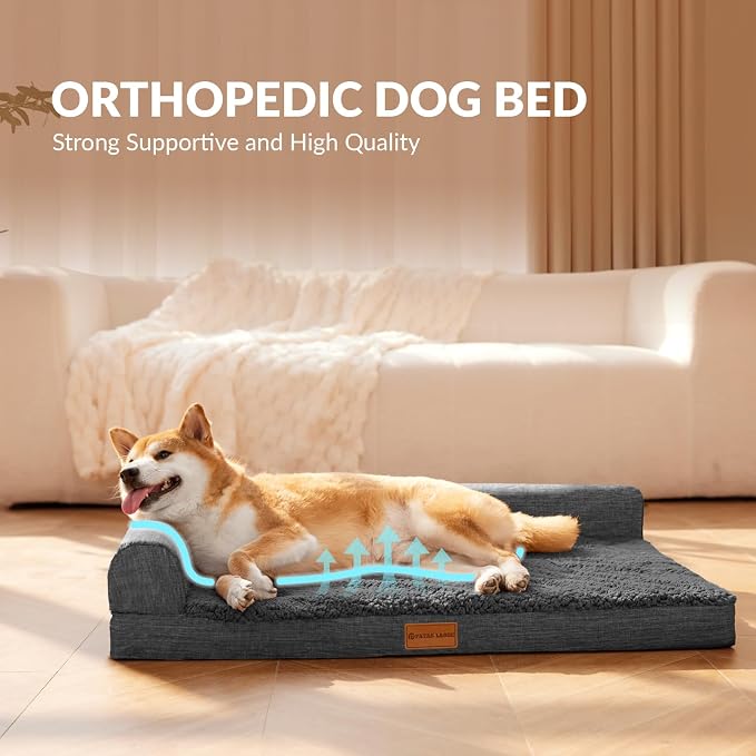 Patas Lague Orthopedic Large Dog Bed Pet Sofa Beds 56''X40''Dark Grey | L Bolster Egg-Crate Foam Dog Couch For Large Sized Dogs, Waterproof Removable Washable Cover, Pet Mat with Nonskid Bottom - Image 4