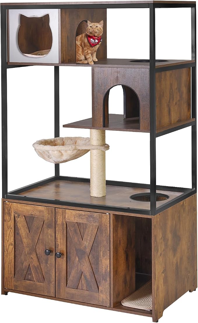 Aivituvin Cat Litter Box Enclosure, Litter Box Furniture Hidden, Wooden Cat Washroom Furniture, Indoor Cats House with Condo, Hammock, Scratching Mat and Storage Shelves by Aivituvin