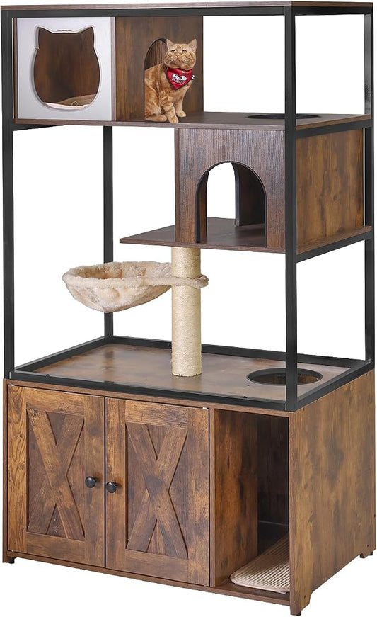 Aivituvin Cat Litter Box Enclosure, Litter Box Furniture Hidden, Wooden Cat Washroom Furniture, Indoor Cats House with Condo, Hammock, Scratching Mat and Storage Shelves by Aivituvin