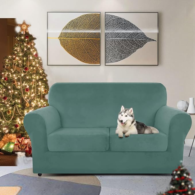 ZNSAYOTX Luxury Velvet Sofa Cover 3 Piece (57"-70") Stretch Loveseat Covers for 2 Cushion Couch Thick Soft Couch Slipcover with Non Slip Strap, Dog Pet Friendly Nice Furniture Protector (Pea Green) - Image 2