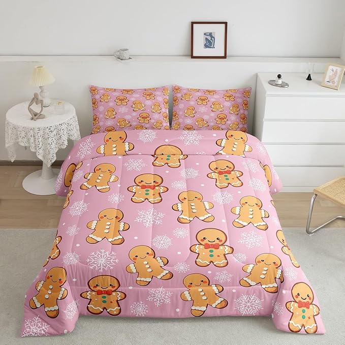 Erosebridal Christmas Gingerbread Full Bedding Set 7 Piece,Cute Gingerbread Man Bed in A Bag,Xmas Snowflake Comforter Set Girls Sheet Set with Comforter,Pink Christmas Decoration - Image 2
